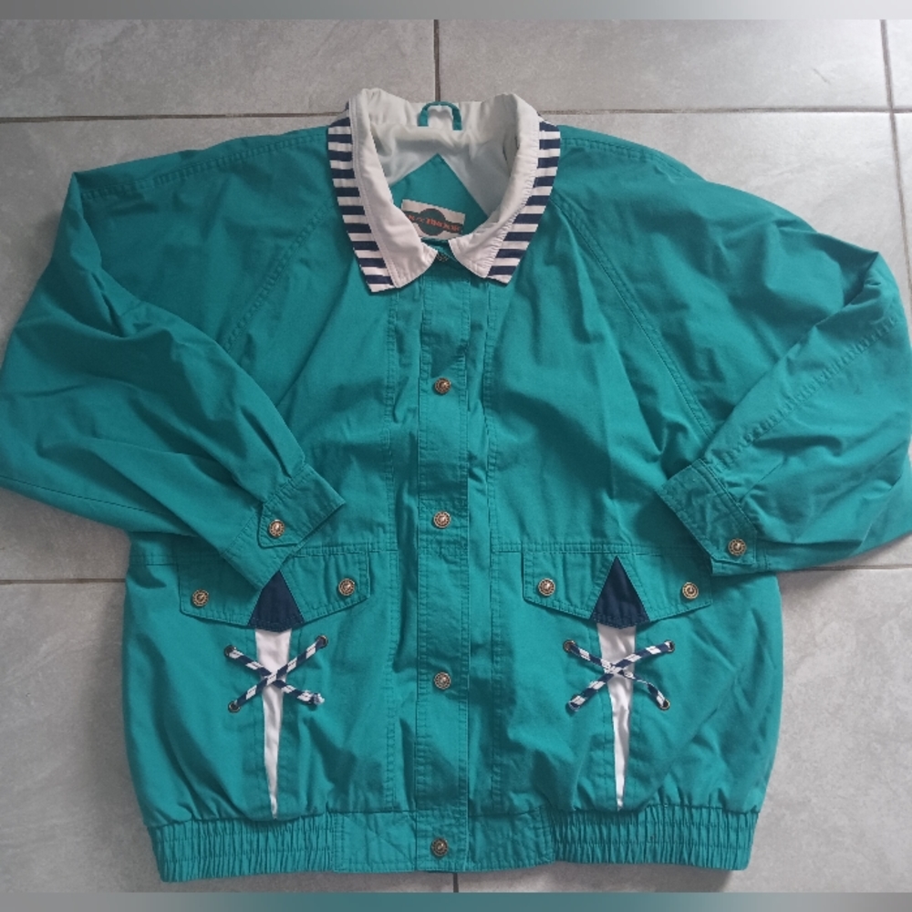 Vintage 80s/90s teal jacket really cute with nautical-ish stripes Minor stains